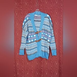 ROBIN Blue Patterned Long Sleeve Cardigan Women's Sweater Size ST